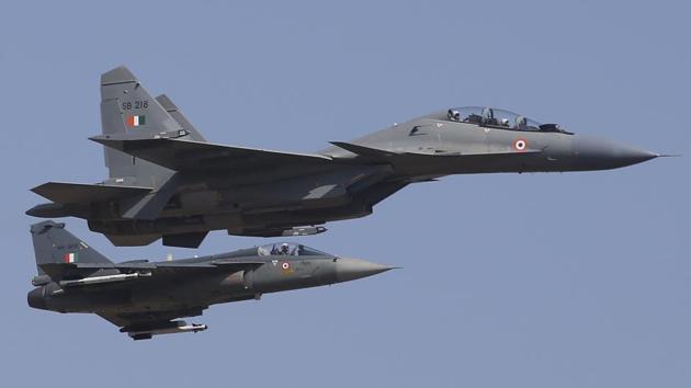 Russian made Su-30Mki, a twin-engine air dominance fighter, scrambled from a base along the international border at about 11.30 am after air-defense radars picked up an incoming unmanned aerial vehicle or drone.(AP/Picture for representation) Russian made Su-30Mki, a twin-engine air dominance fighter, scrambled from a base along the international border at about 11.30 am after air-defense radars picked up an incoming unmanned aerial vehicle or drone.(AP/Picture for representation)