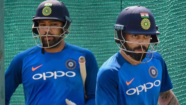 Virat Kohli and Rohit Sharma during a practice session ahead of the 2nd ODI match against Australia.(PTI)