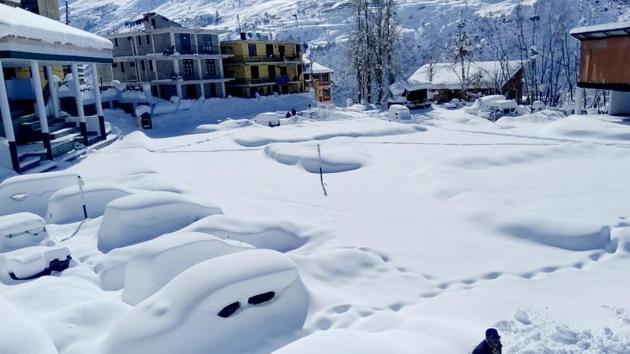 A view of Keylong in Lahaul-Spiti district after heavy snowfall in the region on Friday, Feb 8, 2019.(ANI) A view of Keylong in Lahaul-Spiti district after heavy snowfall in the region on Friday, Feb 8, 2019.(ANI)