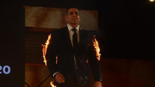 Akshay Kumar performs the live fire stunt at an event in Mumbai.