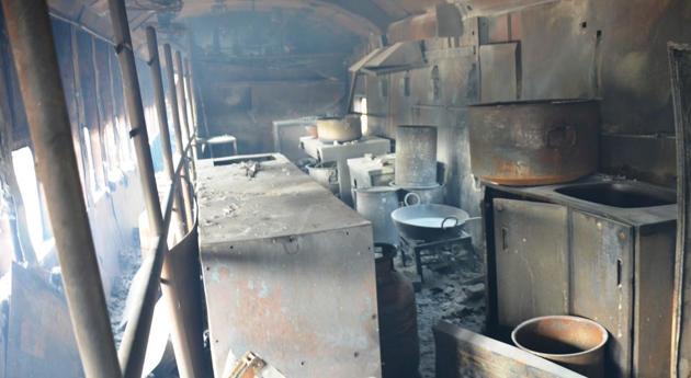 The fire gutted the pantry car of the express train.(HT PHOTO)