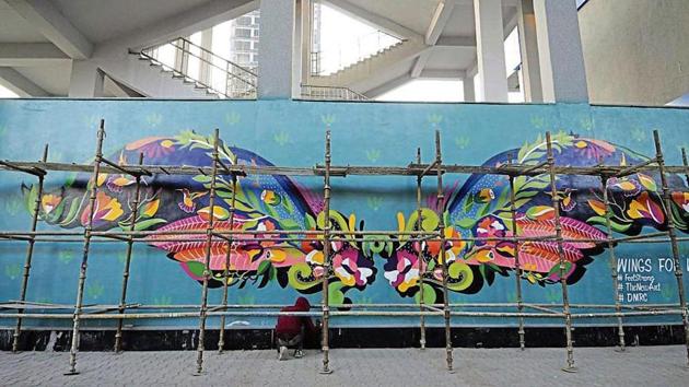 The ‘wings for women’ wall art campaign at the Electronic City Metro station, near Sector 62 road, in Noida. The wall art campaign first started along the Delhi Metro stations and was made popular through social media. (Sunil Ghosh/HT Photo) The ‘wings for women’ wall art campaign at the Electronic City Metro station, near Sector 62 road, in Noida. The wall art campaign first started along the Delhi Metro stations and was made popular through social media. (Sunil Ghosh/HT Photo)