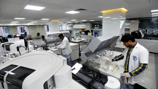 The newly constructed Robotic core sample lab at AIIMS’ National Cancer Institute at Jhajjar.(Amal KS/HT PHOTO)