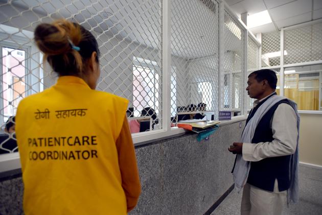 A view of the reception. With the phase 1 deadline ending in March, the NCI began admitting patients for chemotherapy and palliative care on February 22 and there are six to 10 patients in the emergency room at any given time. (Amal KS / HT Photo) A view of the reception. With the phase 1 deadline ending in March, the NCI began admitting patients for chemotherapy and palliative care on February 22 and there are six to 10 patients in the emergency room at any given time. (Amal KS / HT Photo)