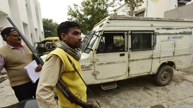 Two weeks after a cash van replenishing an SBI ATM kiosk was attacked and <span class='webrupee'>₹</span>40 lakh cash was looted from it in Sector 82 of Noida in broad daylight(Photo by Virendra Singh Gosain/ Hindustan Times)(Virendra Singh Gosain/HT PHOTO) Two weeks after a cash van replenishing an SBI ATM kiosk was attacked and <span class='webrupee'>₹</span>40 lakh cash was looted from it in Sector 82 of Noida in broad daylight(Photo by Virendra Singh Gosain/ Hindustan Times)(Virendra Singh Gosain/HT PHOTO)