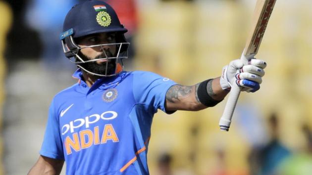 Virat Kohli celebrates during the second one-day international match between India and Australia in Nagpur.(AP)