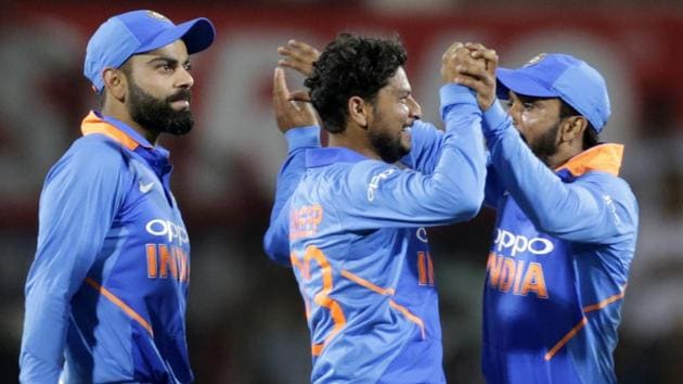 India's Kuldeep Yadav celebrates Australian batsman Glenn Maxwell's wicket. (AP) India's Kuldeep Yadav celebrates Australian batsman Glenn Maxwell's wicket. (AP)