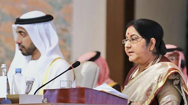 Abu Dhabi: External Affairs Minister Sushma Swaraj addresses as ‘Guest of Honour’ at the 46th Foreign Ministers' Meeting of Organisation of Islamic Cooperation in Abu Dhabi, Friday, March 1, 2019. (PTI) Abu Dhabi: External Affairs Minister Sushma Swaraj addresses as ‘Guest of Honour’ at the 46th Foreign Ministers' Meeting of Organisation of Islamic Cooperation in Abu Dhabi, Friday, March 1, 2019. (PTI)