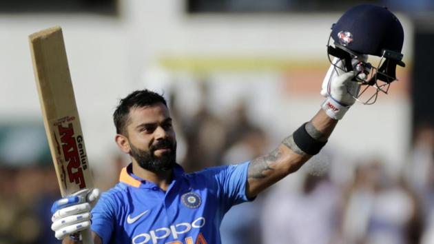Virat Kohli celebrates his hundred during the second one-day international cricket match. (AP) Virat Kohli celebrates his hundred during the second one-day international cricket match. (AP)