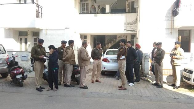 Police outside the house where the youth was shot dead in Chandigarh on Wednesday.(HT Photo)