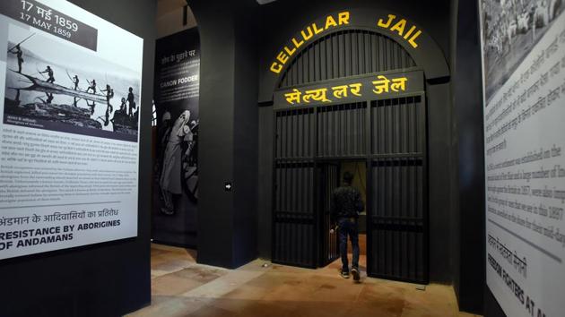 Divided into 22 zones, the museum has more than 150 panels, four audio visuals, archival data, the Andaman cellular jail experience (pictured), panels of women and child martyrs, touch-screen kiosks and digital tribute kiosks. There is also a tribute room with digital candles. (Amal KS / HT Photo) Divided into 22 zones, the museum has more than 150 panels, four audio visuals, archival data, the Andaman cellular jail experience (pictured), panels of women and child martyrs, touch-screen kiosks and digital tribute kiosks. There is also a tribute room with digital candles. (Amal KS / HT Photo)