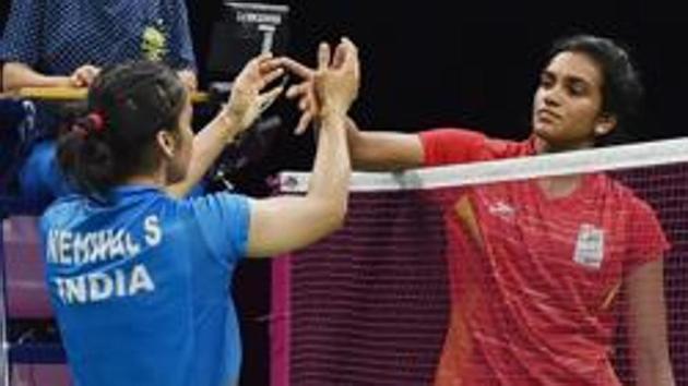 File image of Indian shuttlers Saina Nehwal and PV Sindhu.(PTI)