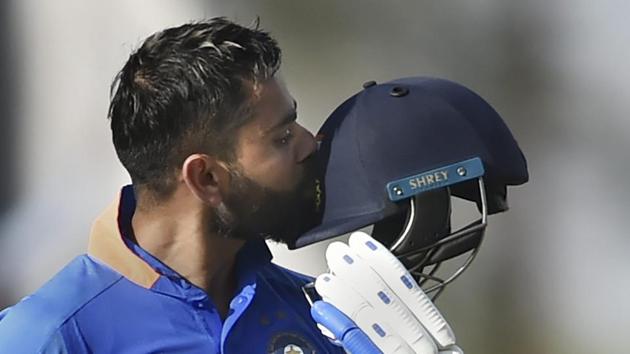 Virat Kohli celebrates after scoring his 40th ODI century. (PTI) Virat Kohli celebrates after scoring his 40th ODI century. (PTI)