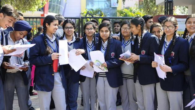 Students coming out after exam at Gain Jyoti School, Phase 2 in Mohali on Tuesday(Anil Dayal/ HT)