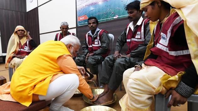 On February 24, PM Modi had interacted with sanitation workers, who ensured cleanliness during the religious gathering, after taking a holy dip at the confluence of Ganga, Yamuna, and Saraswati during the Kumbh Mela at Prayagraj.(File Photo)