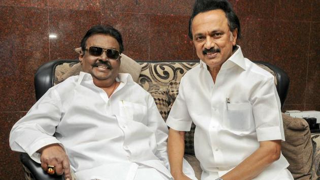 DMK President MK Stalin meets DMDK chief Vijayakanth (R) at his residence in Chennai on February 22, 2019. Vijayakanth’s DMDK joined the AIADMK-BJP alliance in Tamil Nadu on Wednesday, just hours before Prime Minister Narendra Modi’s mega rally in Kancheepuram. Vijayakanth’s wife and DMDK treasurer Premalatha were among those who met AIADMK leaders at Tamil Nadu CM Edappadi K Palaniswami’s residence on Wednesday. (PTI File) DMK President MK Stalin meets DMDK chief Vijayakanth (R) at his residence in Chennai on February 22, 2019. Vijayakanth’s DMDK joined the AIADMK-BJP alliance in Tamil Nadu on Wednesday, just hours before Prime Minister Narendra Modi’s mega rally in Kancheepuram. Vijayakanth’s wife and DMDK treasurer Premalatha were among those who met AIADMK leaders at Tamil Nadu CM Edappadi K Palaniswami’s residence on Wednesday. (PTI File)