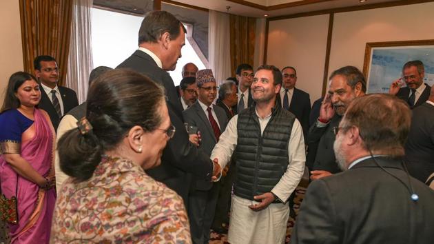 Congress Prsident Rahul Gandhi greets the Ambassadors/High Commissioners of G-20 and neighbouring countries, during a meeting in New Delhi, Wednesday. (PTI) Congress Prsident Rahul Gandhi greets the Ambassadors/High Commissioners of G-20 and neighbouring countries, during a meeting in New Delhi, Wednesday. (PTI)