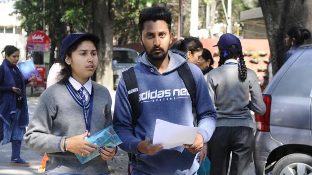 Maxim Merry School Kharar Students coming out after exam at Gain Jyoti School, Phase 2 in Mohali on Tuesday March 5, 2019(Anil Dayal/ HT)