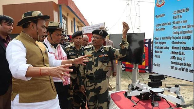 Union Home Minister Rajnath Singh during the inauguration of the smart fence under Comprehensive Integrated Border Management system on Indo-Bangla border in Dhubri district of Assam on Tuesday.(ANI)