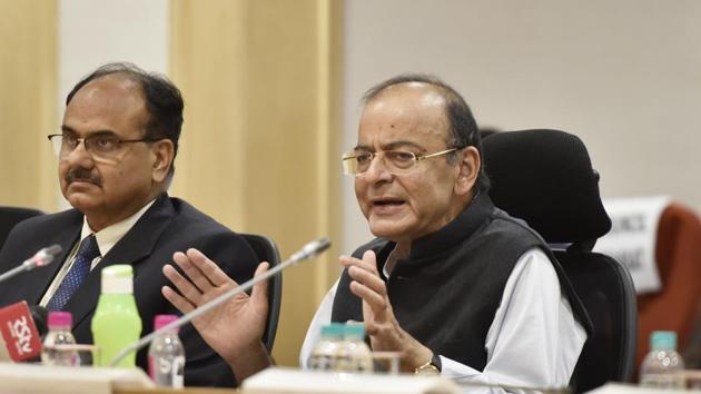 Union Finance Minister Arun Jaitley with Revenue Secretary Ajay Bhushan Pandey (L) address media after the 33rd GST Council Meey at Vigyan Bhawan, in New Delhi.(Sanjeev Verma/HT PHOTO) Union Finance Minister Arun Jaitley with Revenue Secretary Ajay Bhushan Pandey (L) address media after the 33rd GST Council Meey at Vigyan Bhawan, in New Delhi.(Sanjeev Verma/HT PHOTO)