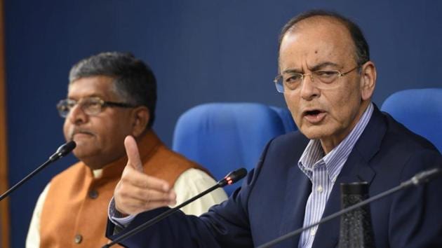 Union ministers Arun Jaitley and Ravi Shankar Prasad brief Media on Cabinet Decisions at PIB Conference Hall, Shastri Bhawan in New Delhi India on Thursday, 07 March 2019. (Photo by Mohd Zakir) (HT photo) Union ministers Arun Jaitley and Ravi Shankar Prasad brief Media on Cabinet Decisions at PIB Conference Hall, Shastri Bhawan in New Delhi India on Thursday, 07 March 2019. (Photo by Mohd Zakir) (HT photo)