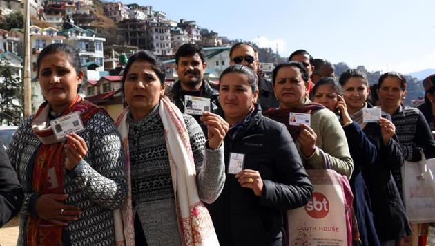 People standing in a queue during the municipal corporation elections in Himachal Pradesh.(HT file photo)