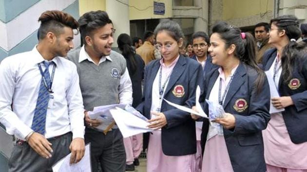 Students coming out after appearing Class 12th exam of Central Board of Secondary Education (CBSE) at BCM Arya Model Senior Secondary School, Shastri Nagar, in Ludhiana on Saturday (Gurminder Singh/Hindustan Times)