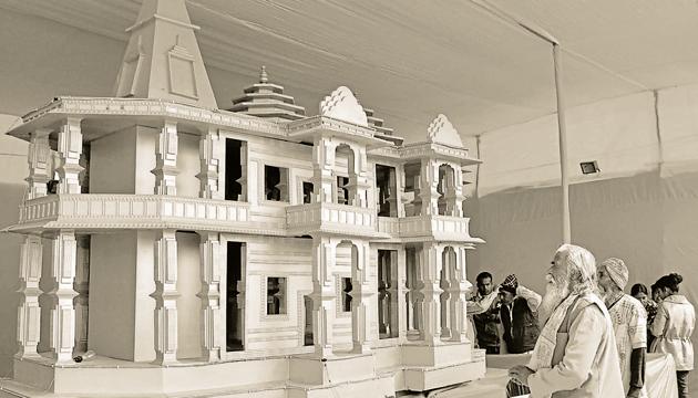 A model of Ram Mandir, to be built in Ayodhya showcased at Kumbh Mela festival 2019, in Allahabad(PTI)