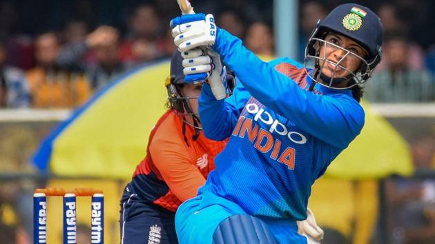 Smriti Mandhana plays a shot during their first International women's T20 series match against England. (PTI) Smriti Mandhana plays a shot during their first International women's T20 series match against England. (PTI)