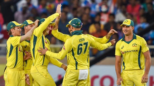 Australia celebrate the dismissal of Shikhar Dhawan. (PTI)