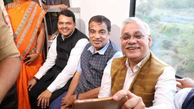 Nagpur, India - 7 March 2019:Maharashtra Chief Minister Devendra Fadnavis and Union Minister Nitin Gadkari and officials taking a ride in Nagpur Metro during Prime Minister Narendra Modi flagged off through video link to commercial run of Nagpur Metro Rail from Khapri metro station to Sitabuldi metro station in Nagpur, India, on Thursday, March 7, 2019. (Photo by Sunny Shende/ HT)(HT)