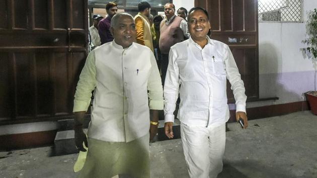 BJP MLA Rakesh Singh Baghel (right) comes out after meeting the party's state unit president Mahendra Nath Pandey in Lucknow. (PTI) BJP MLA Rakesh Singh Baghel (right) comes out after meeting the party's state unit president Mahendra Nath Pandey in Lucknow. (PTI)