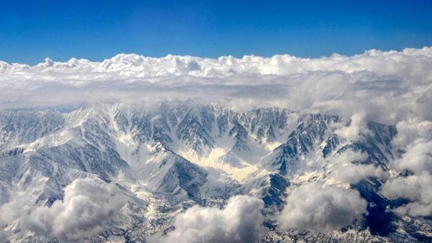 An aerial view of snow-covered mountains of Kashmir after snowfall, near Srinagar, Jammu and Kashmir. (PTI) An aerial view of snow-covered mountains of Kashmir after snowfall, near Srinagar, Jammu and Kashmir. (PTI)