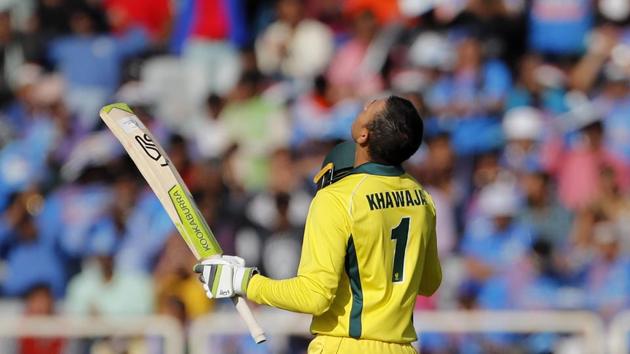 Usman Khawaja looks skywards to celebrate his century. (AP) Usman Khawaja looks skywards to celebrate his century. (AP)