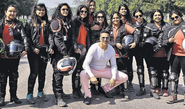 Akshay Kumar with female bikers during an event on International Women’s Day in Lucknow.(Dheeraj Dhawan/HT Photo) Akshay Kumar with female bikers during an event on International Women’s Day in Lucknow.(Dheeraj Dhawan/HT Photo)