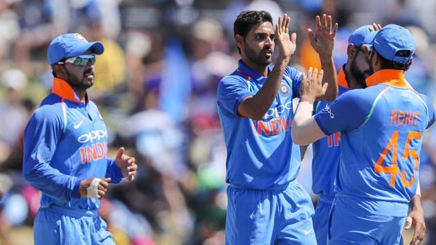 File image of players of Indian cricket team celebrating the fall(AP)