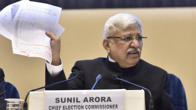 Chief Election Commissioner Sunil Arora during the press conference for General Elections to Lok Sabha 2019 and State Legislative Assemblies at Vigyan Bhawan, in New Delhi.(Photo: HT/Sanjeev Verma) Chief Election Commissioner Sunil Arora during the press conference for General Elections to Lok Sabha 2019 and State Legislative Assemblies at Vigyan Bhawan, in New Delhi.(Photo: HT/Sanjeev Verma)