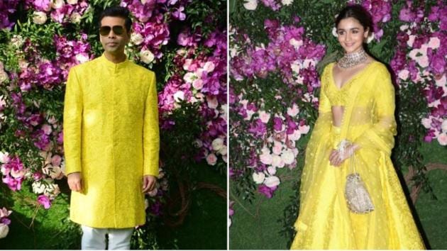 Karan Johar and Alia Bhatt were twinning at Akash Ambani’s wedding in Mumbai.(Varinder Chawla)