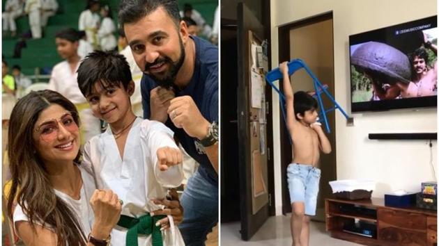 Shilpa Shetty’s husband Raj Kundra shared a new video of son Viaan copying Prabhas in Baahubali.(Instagram)