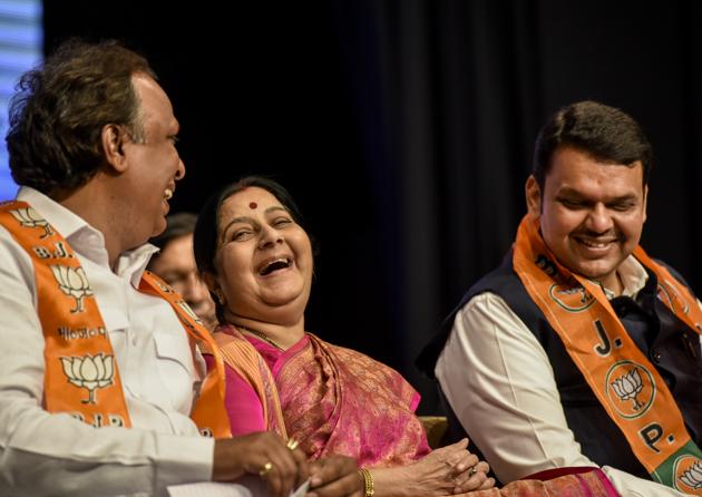 External affairs minister Sushma Swaraj addressed a gathering of BJP’s women office-bearers and booth-level workers(HT photo)