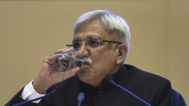 Chief Election Commissioner Sunil Arora addresses a press conference to announce the poll schedule at Vigyan Bhavan in New Delhi on Sunday.(PTI)
