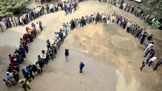 Voters queue outside a polling station in Phase 6 Mohali. (HT File Photo) Voters queue outside a polling station in Phase 6 Mohali. (HT File Photo)
