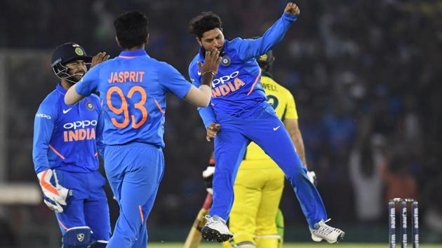 India cricketer Kuldeep Yadav (2R) celebrates the wicket of Australia cricketer Glenn Maxwell (R). (AFP) India cricketer Kuldeep Yadav (2R) celebrates the wicket of Australia cricketer Glenn Maxwell (R). (AFP)