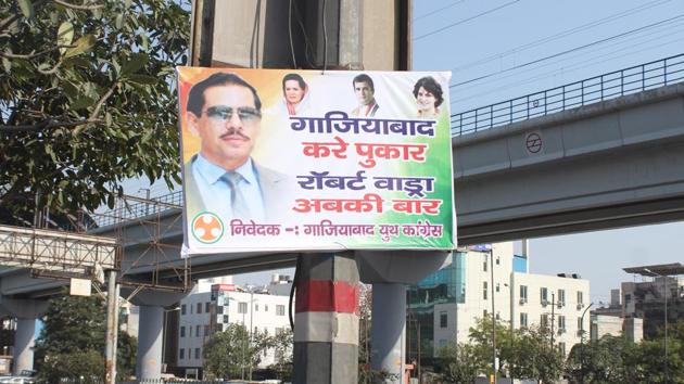 Several hoardings were spotted near Kaushambi Metro station on Saturday with a “demand” to field Vadra as the Congress party candidate from the city.(Sakib Ali /HT Photo)