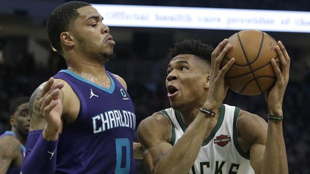 Milwaukee Bucks' Giannis Antetokounmpo (34) shoots against Charlotte Hornets' Miles Bridges (0) during the second half of an NBA game. (AP) Milwaukee Bucks' Giannis Antetokounmpo (34) shoots against Charlotte Hornets' Miles Bridges (0) during the second half of an NBA game. (AP)