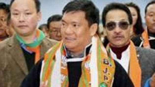Pema Khandu took oath as chief minister of a Congress government in July 2016 after the Supreme Court intervened and forced his predecessor to quit.(PTI File Photo) Pema Khandu took oath as chief minister of a Congress government in July 2016 after the Supreme Court intervened and forced his predecessor to quit.(PTI File Photo)