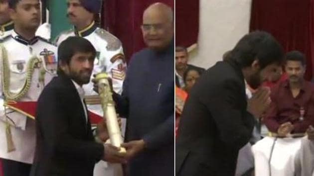 Screengrab of wrestler Bajrang Punia receiving the Padma Shri award from President of India Ram Nath Kovind.(Twitter/ANI)