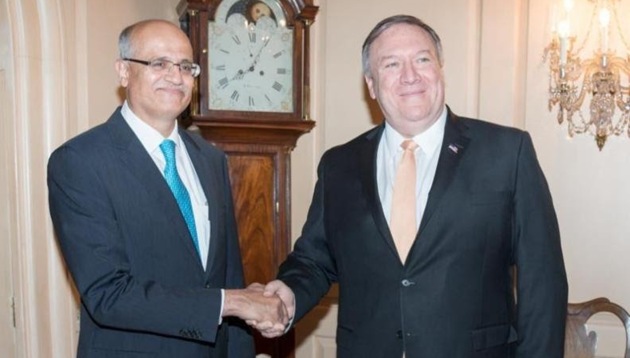 Foreign Secretary Vijay Gokhale with US Secretary of State Michael R Pompeo in Washington on Monday.(ANI)