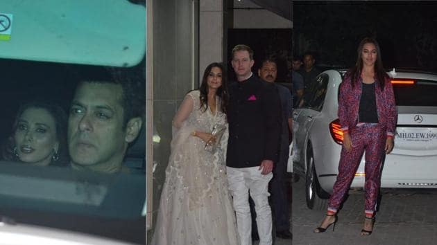 Salman Khan with Iulia Vantur, Preity Zinta with husband Gene Goodenough and Sonakshi Sinha at Sohail Khan’s bash.(Varinder Chawla)