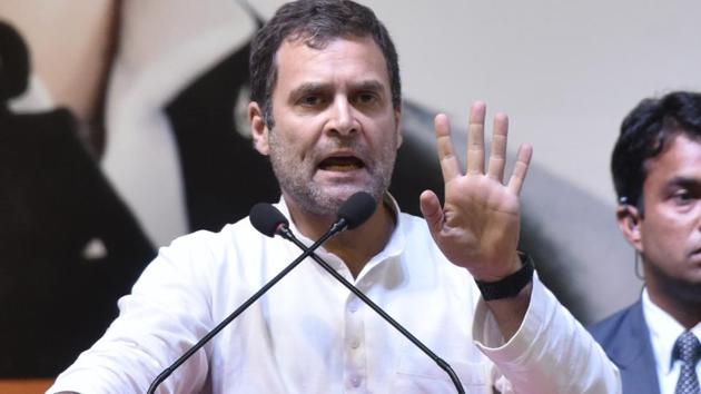 Congress president Rahul Gandhi addresses the Booth Presidents Convention at Indira Gandhi Indoor Stadium, in New Delhi, India, on Monday, March 11, 2019. (Sanjeev Verma/HT PHOTO) Congress president Rahul Gandhi addresses the Booth Presidents Convention at Indira Gandhi Indoor Stadium, in New Delhi, India, on Monday, March 11, 2019. (Sanjeev Verma/HT PHOTO)